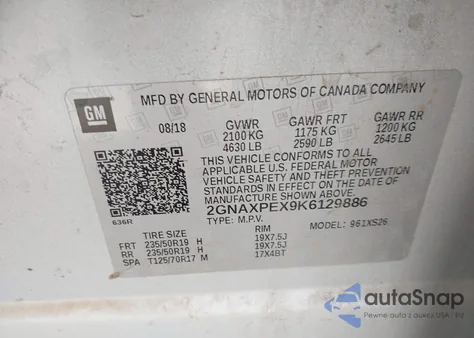 2019 Chevrolet Equinox Premier z USA, uszkodzony, nr VIN 2GNAXPEX9K6129886